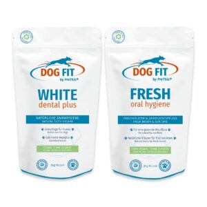 WHITE dental plus & FRESH Dentalset für Hunde | Zahnpflege & frischer Atem | Zahnstein, Mundgeruch & Zahnfleisch | DOG FIT by PreThis | 80g Topping