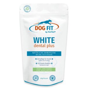 Zahnpflege für Hunde | WHITE dental plus Zahnpulver, vegan & ohne Zusätze | Hilfe bei Zahnstein & Zahnbelägen | DOG FIT by PreThis Dental | 80g